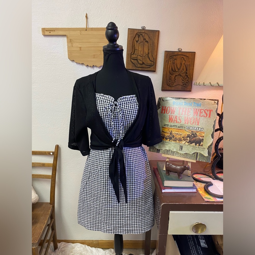 Coquette Soft Girl Aesthetic Black White Gingham Sweetheart Dress + Wrap Top MED